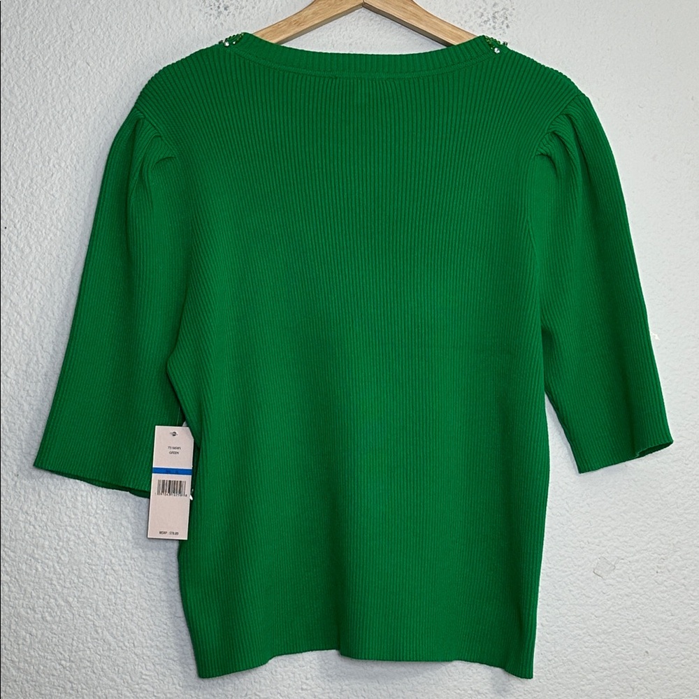 NEW Nanette Lepore Green Ribbed Sweater Rhinestone‎ Collar Top Womens XL - Picture 2 of 12